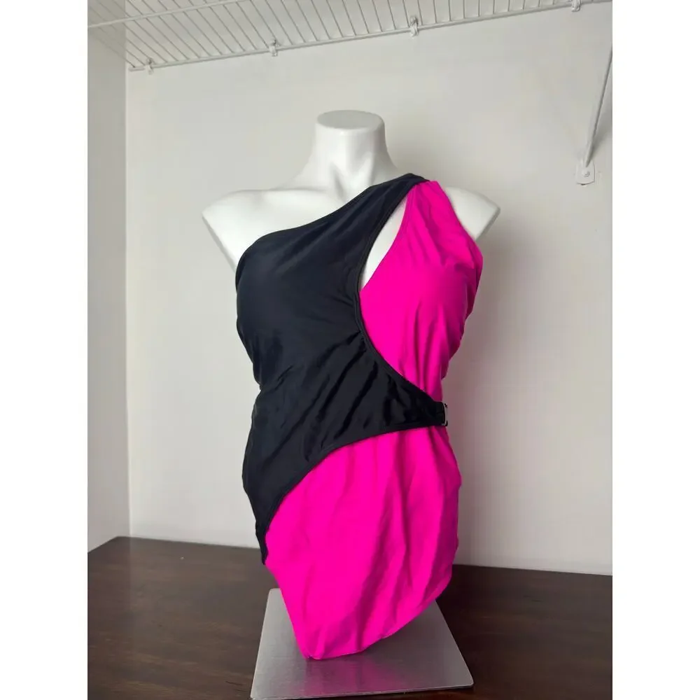 SHEIN Plus Swimsuit Neon Pink / Black, Buckle Detail on Waist - Size 3X NWOT